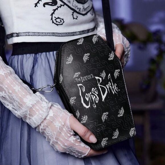 HALLOWEEN SALE Black Tim Burton Corpse Bride Coffin Leather Crossbody Bag - Picture 4 of 6